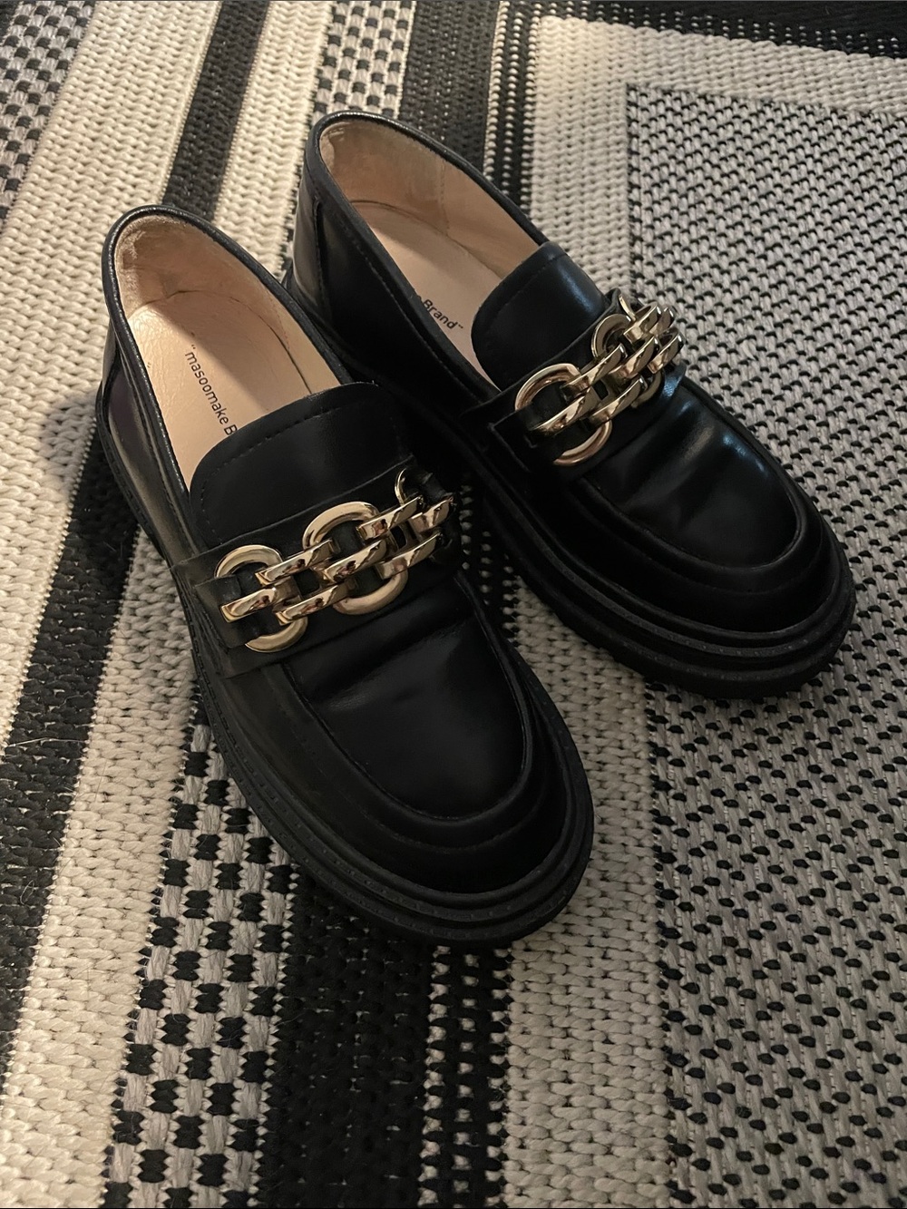Black Leather Masoomake Brand Chain-Accent Loafers